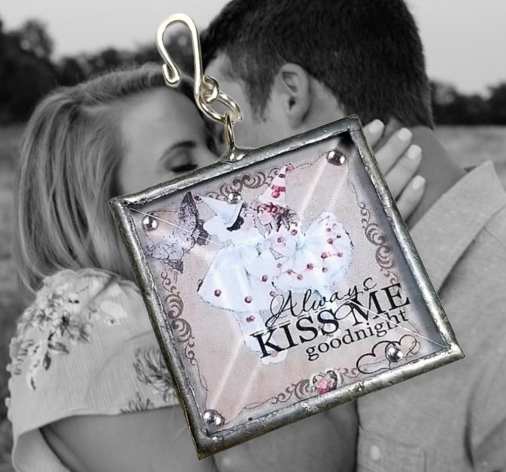 Hand Crafted Vintage Lead Glass Charm Pendant "Always Kiss Me Goodnight"